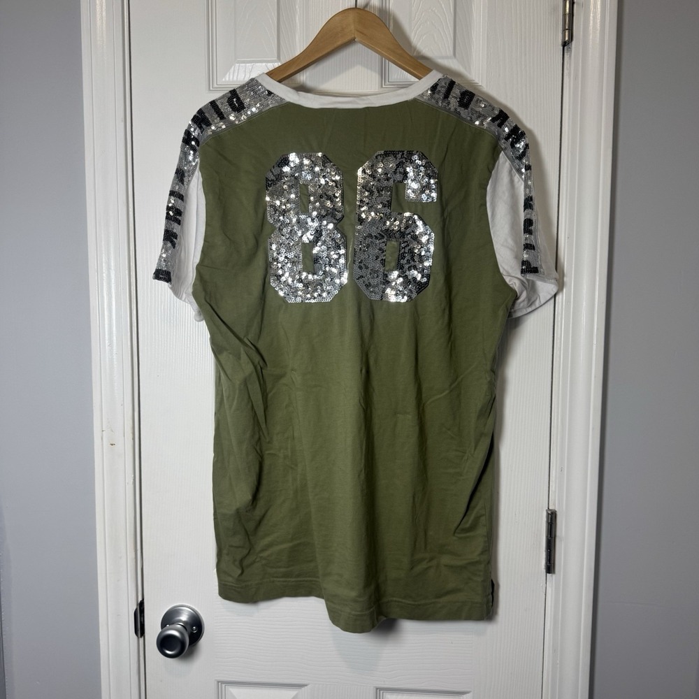 PINK Victoria's Secret Women Shirt L Green Sequin Embroidered Bling Dog Campus